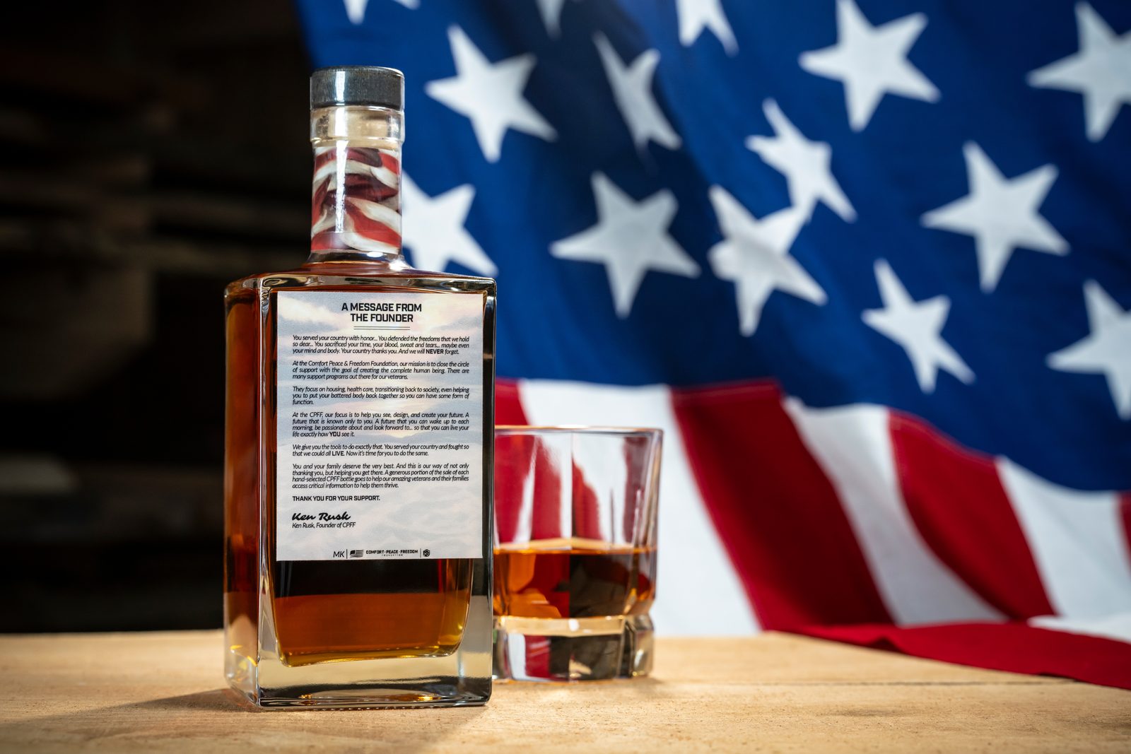 Back label of Freedom Bourbon with a message from the founder