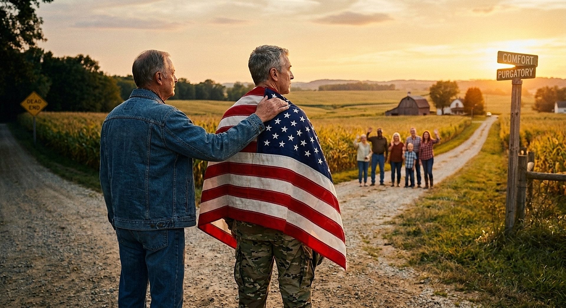 A veteran wrapped in an American flag at a crossroads, with family waiting down the road