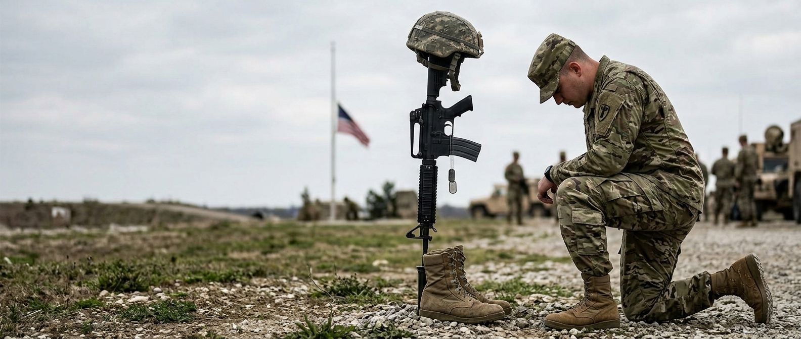 A soldier kneels beside a battlefield cross of boots, rifle and helmet