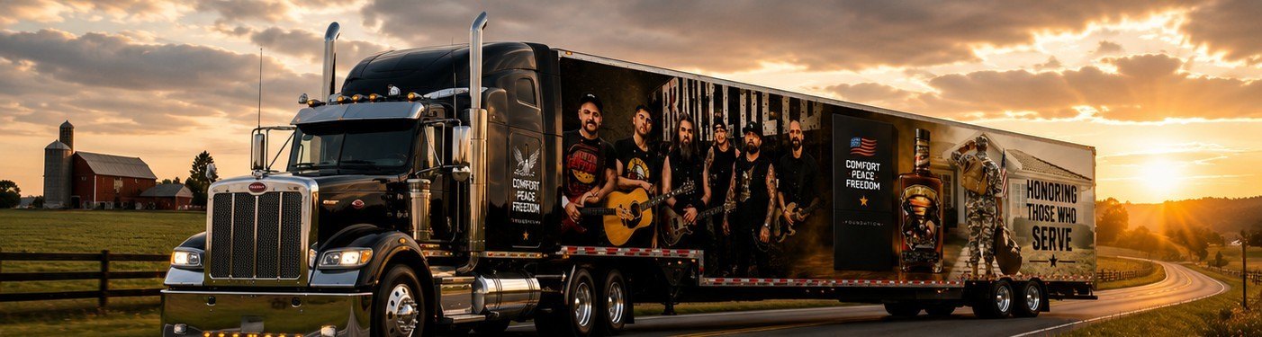 A black semi truck with a trailer wrapped in Comfort Peace Freedom artwork and the words Honoring Those Who Serve, on a country road at sunset