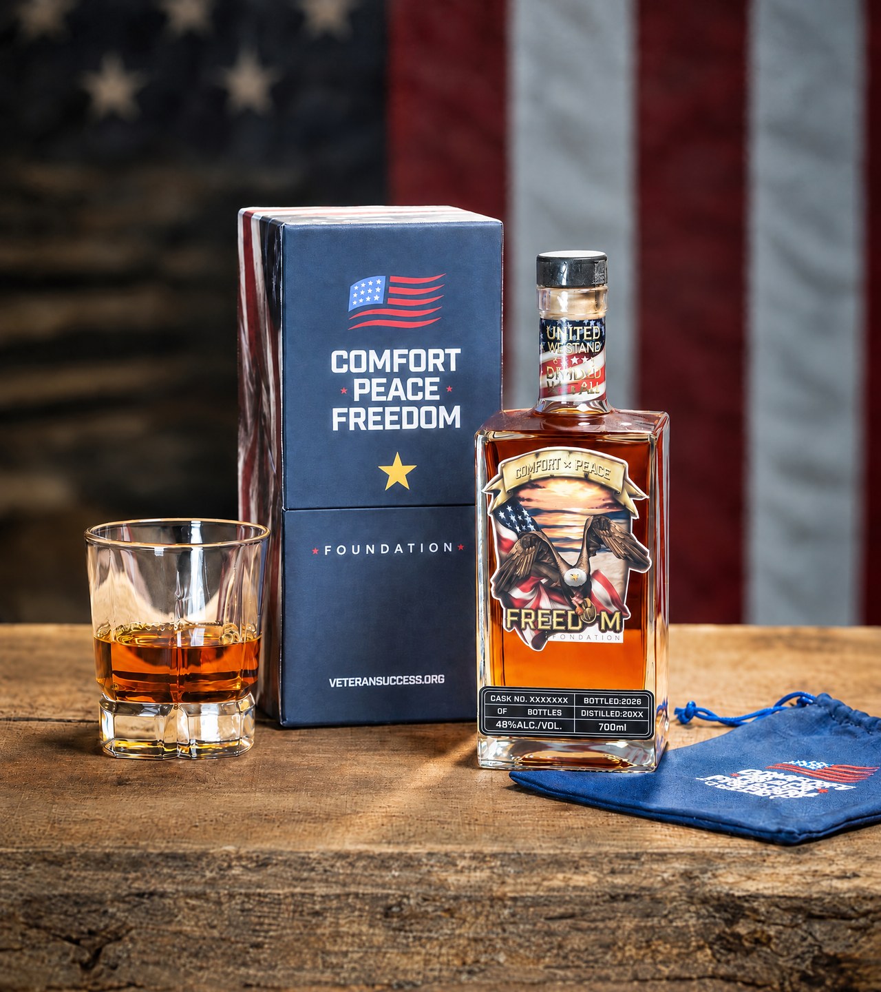 Freedom Bourbon bottle with Comfort Peace Freedom Foundation gift box and rocks glass