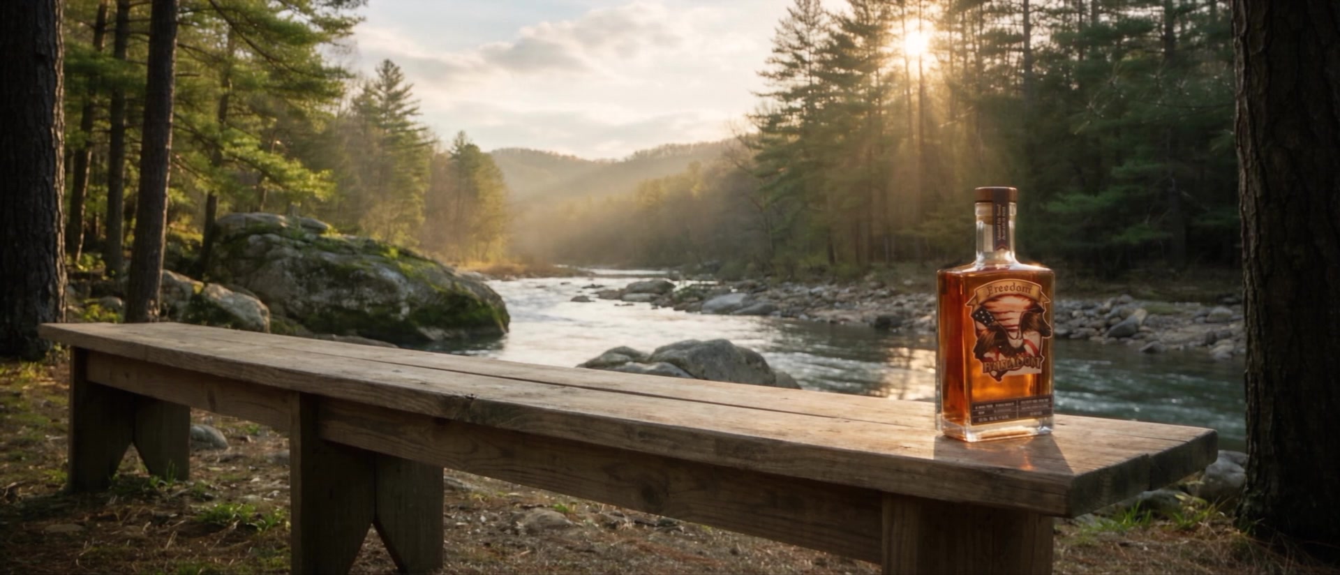 Freedom Bourbon on a wooden bench beside a Kentucky river at golden hour